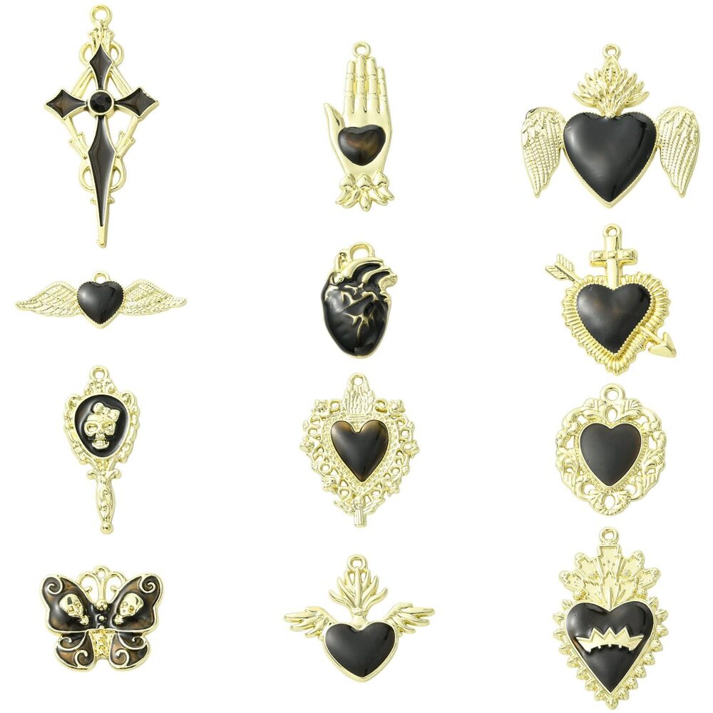 9791 24Pcs Golden Color Enamel Gothic Charms Black Heart Wing Arrow Cross